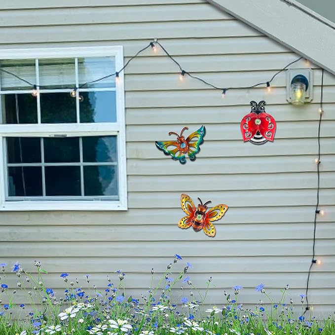 Garden Decor Butterfly Ladybug Bee Metal Wall Art, Hanging Wall Decoration | BVLFOOK; For Home; Garden; Porch; Patio Balcony Ornament; Outdoor; Birthday Gift, 3 Pack 9 Inch