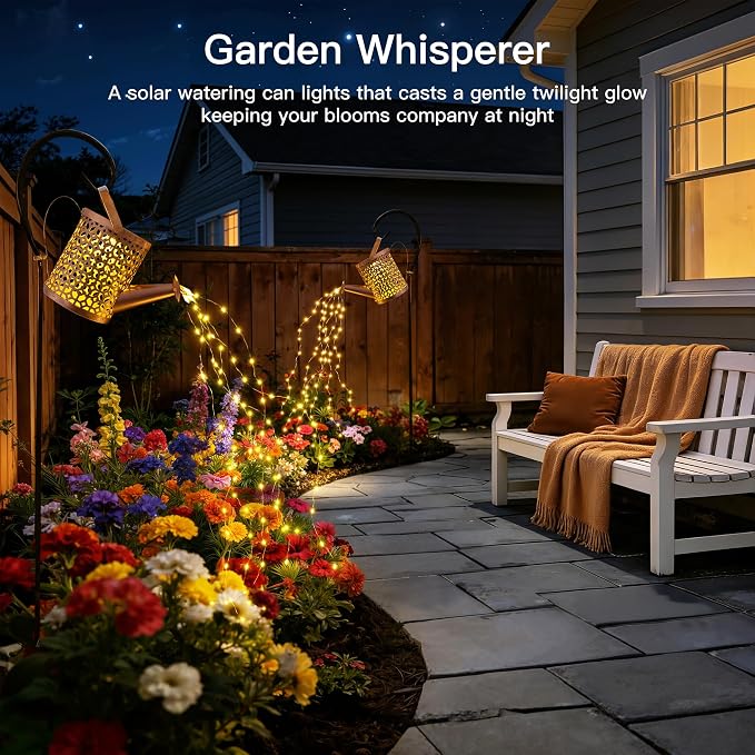 Ollny Solar Watering Can with Cascading Lights Outdoor Garden Decor, Father Day Gifts, Birthday Gifts for Women, IP65 Waterproof 2 Lighting Modes Hanging Lanterns for Yard Patio Lawn (Beehive)
