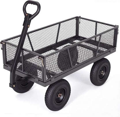 GarveeTech 1200LBS Heavy Duty Steel Garden Cart, Garden Wagon Cart on Wheels, Metal Yard Utility Wagon with Removable Mesh Sides, 13" All Terrain Tires, 180° Rotating Handle for Lawn, Garden, Farm