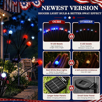 4th of July Outdoor Decorations, Red White Blue Lights Solar Firefly Lights, Patriotic Outdoor Decor for Independence Day, Fourth of July Decor for Garden Yard (4 Pack,Red, White, Blue)