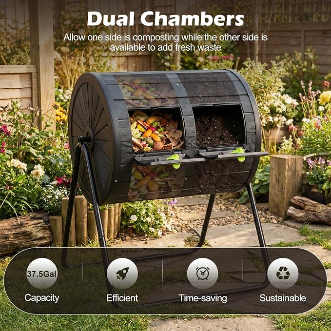 Goplus Compost Tumbler, 37.5 Gallon Large Outdoor Compost Bin w/Dual Chambers, 2 Lockable Doors, Efficient 360° Rotating Batch Composter for Garden Yard Farm Waste, Easy Assembly, BPA-Free (Black)