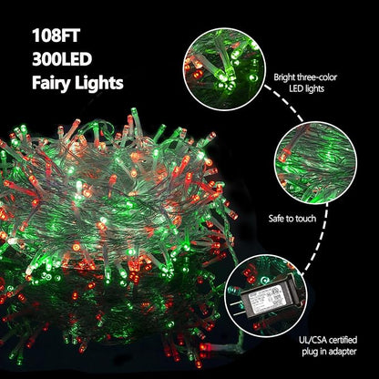300 Led Red Green String Lights Outdoor Waterproof Christmas Decorations, 108 Ft Fairy Lights for Bedroom, 8 Modes Plug in Christmas Lights for Outside Room Decor