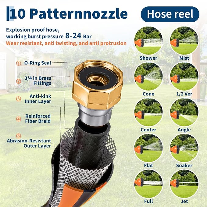 1/2 in x 65 ft Retractable Garden Hose Reel, Wall Mounted, 9-Function Nozzle, Any Length Lock, 180° Swivel, Auto Slow Rewind for Watering Lawn, Washing Car, Cleaning Patio
