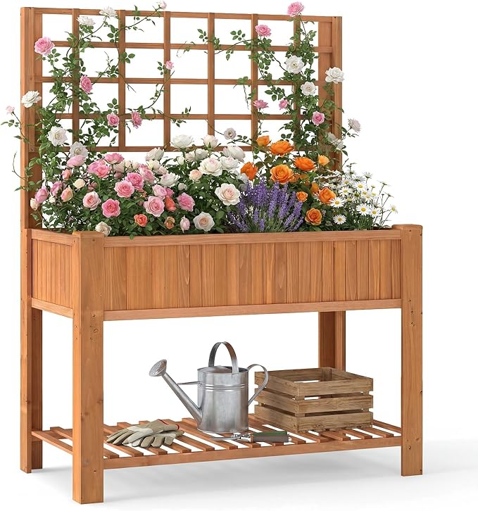 Giantex Raised Garden Bed with Trellis, Wooden Elevated Planter Box with Legs, Drainage Holes for Climbing Plants Vines Vegetables Flowers Herbs, Outdoor Horticulture Planter for Patio Yard (Brown)
