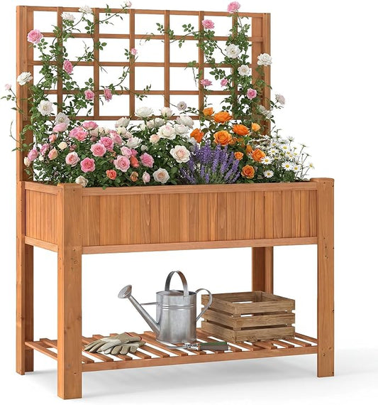 Giantex Raised Garden Bed with Trellis, Wooden Elevated Planter Box with Legs, Drainage Holes for Climbing Plants Vines Vegetables Flowers Herbs, Outdoor Horticulture Planter for Patio Yard (Brown)