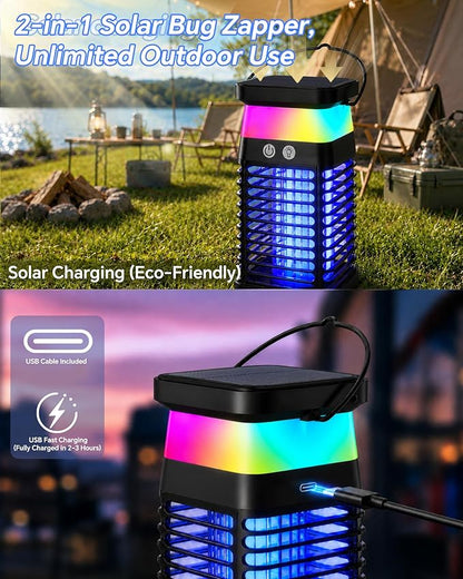 Solar Bug Zapper Outdoor/Indoor, 4000V Electric Mosquito Zapper with Flickering Flame & RGB Atmosphere Light, Cordless Waterproof Rechargeable Mosquito Repellent Outdoor Patio Backyard, Camping, RV