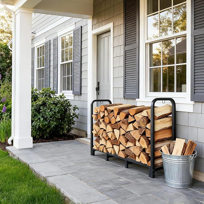 4FT Firewood Rack Outdoor, Holds 1543 LBS with 8 Sturdy Legs, Adjustable 2.6FT Elevated Log Holder Keeps Wood Dry, Black