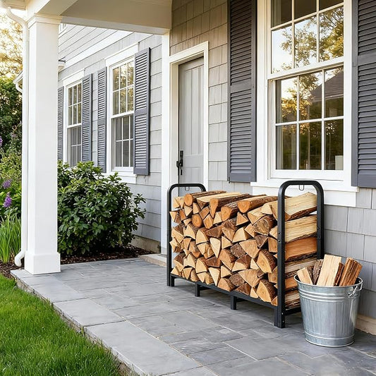 4FT Firewood Rack Outdoor, Holds 1543 LBS with 8 Sturdy Legs, Adjustable 2.6FT Elevated Log Holder Keeps Wood Dry, Black