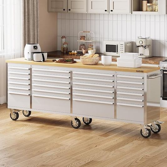 Garvee 96-Inch Heavy-Duty Rolling Tool Chest & Mobile Workbench with 24 Drawers, Rubber Wood Tabletop, Key Locking System, Drawer Liners and Wheels, Steel Storage Cabinet for Garage, Workshop