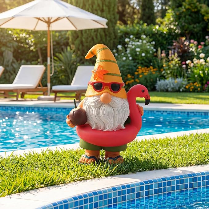 Lavezee Garden Gnome Statue Outdoor Decor, Solar Gnomes with Flamingo Figurine for Garden, Patio, Yard Decor, Summer Pool Party