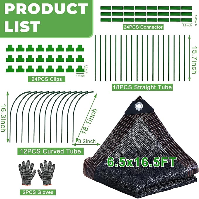Upgraded Garden Shade Kit, 16.5x6.5FT Shade Cloth for Garden with 6 Poles, Clips and Gloves, Plant Shades for Outdoor Plants Provides 75% Heat Protection for Vegetables Greenhouse Garden Bed Shade