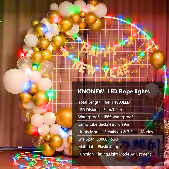 KNONEW 164FT 1000LED Rope Lights for Outside,Outdoor String Lights Waterproof 8 Modes Clear Tube Light for Indoor,Bedroom,Wedding,Garden,Patio,Christmas,Tree,Rv,Holiday Decoration(Multicolor)