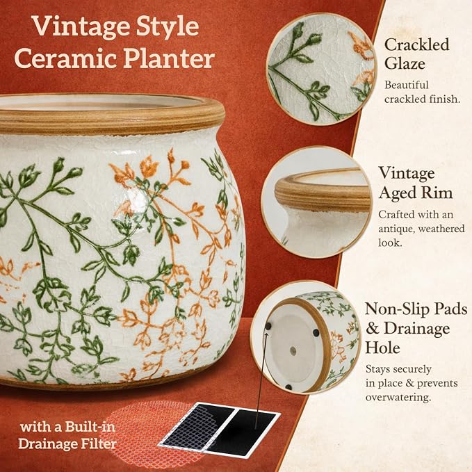 Vintage Ceramic Flower Pots - Indoor Outdoor Planters with Drainage Holes & Filter Screen, 6.5’’& 9’’ Rustic Farmhouse Decorative Plant Pots for Garden/Patio (Bicolor Vines, Small to Large Bundle)