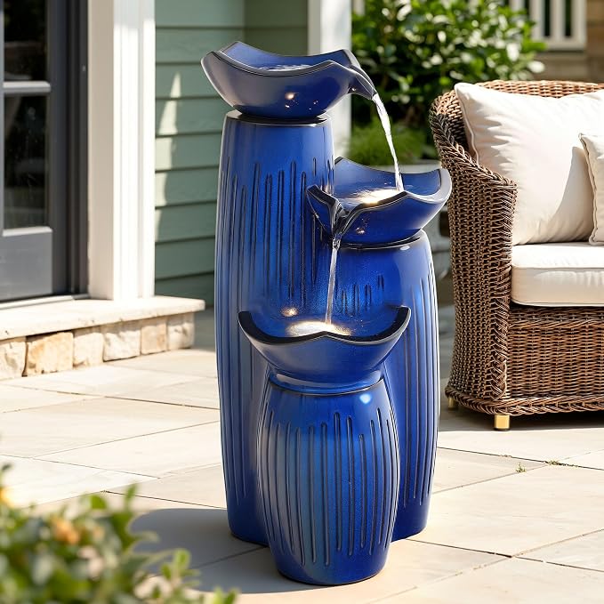30" H Ceramic Outdoor Water Fountain with Lights, 3-Tier Lotus Bowls | Minimalist Geometirc Water Feature, Cobalt Blue Glaze, Fluted Texture, Cascading Waterfall for Relaxing Garden Patio Yard