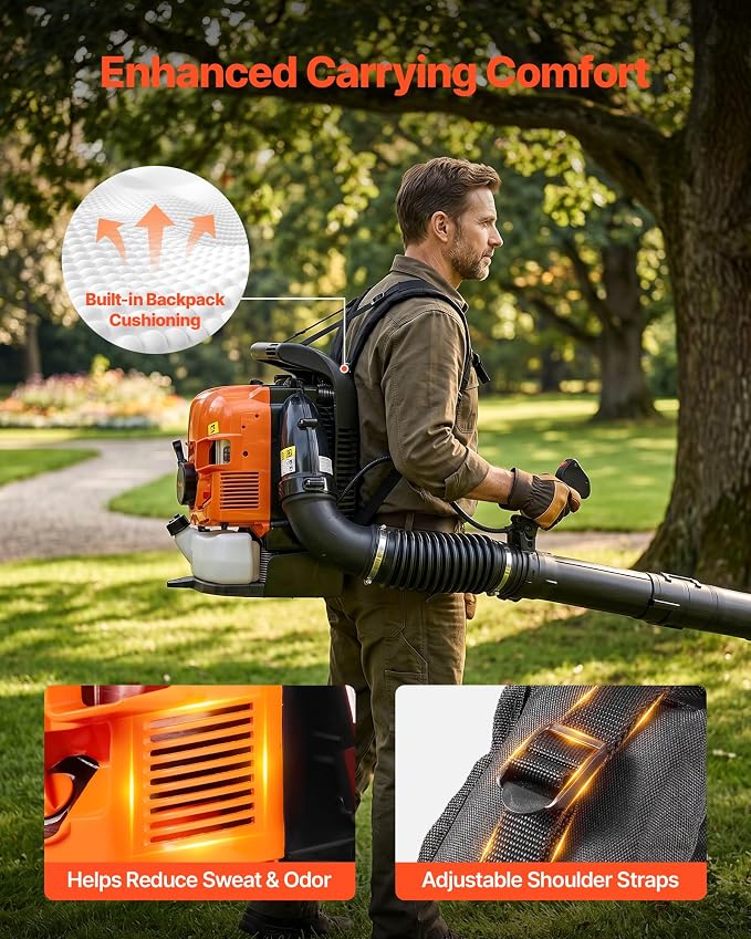 VEVOR Backpack Leaf Blower, 75.6CC 4-Stroke Engine Gas Powered Leaf Blower with 1.8L Fuel Tank, 615 CFM Air Volume, 179 MPH Air Speed, Ideal for Lawn Care, Leaves Cleaning, Yard Debris & Snow Removal | 1.8L Fuel Tank, 615 CFM Air Volume, 179 MPH Air Sp...