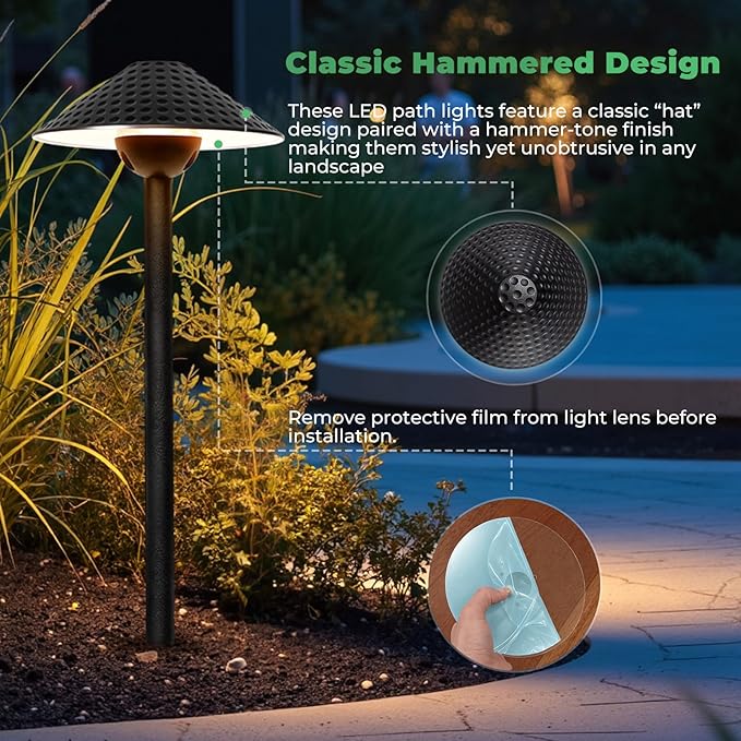 Gardencoin Low Voltage Pathway Lights (6.69'' Shade, 21.54'' Tall) 12V Outdoor LED Landscape Pathway Lighting Aluminum Vintage Hammered Path Lights with 4W 2700K Replaceable Bulb, 8 Pack