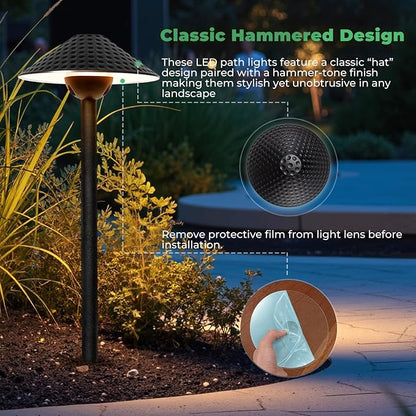 Gardencoin Low Voltage Pathway Lights (6.69'' Shade, 21.54'' Tall) 12V Outdoor LED Landscape Pathway Lighting Aluminum Vintage Hammered Path Lights with 4W 2700K Replaceable Bulb, 12 Pack