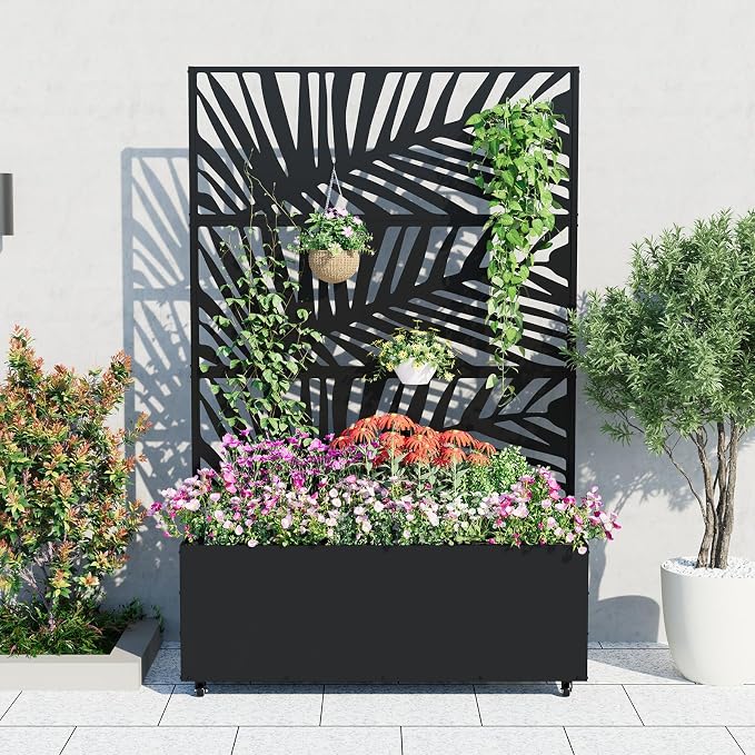 GarveeLife Metal Planter Box with Trellis and Wheels, 71"x47"x16" Raised Garden Bed for Climbing Plants, Vegetables, Vines, Privacy Planters for Patio with Drainage Holes, 15.7" Deep Planting Bed