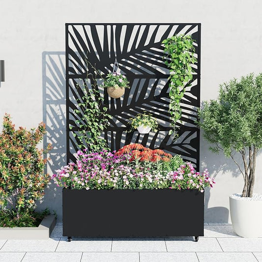 GarveeLife Metal Planter Box with Trellis and Wheels, 71"x47"x16" Raised Garden Bed for Climbing Plants, Vegetables, Vines, Privacy Planters for Patio with Drainage Holes, 15.7" Deep Planting Bed