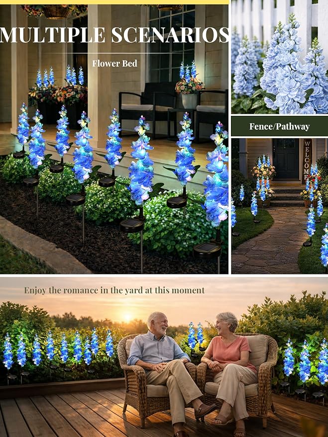 GIGALUMI Solar Lights Outdoor for Garden Decor, 3 Pack Solar Flower Lights Waterproof, 2 Lighting Modes Delphinium for Pathway,Yard, Patio, 4th of July Decoration, Gifts for Women (Blue)