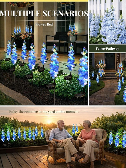 GIGALUMI Solar Lights Outdoor for Garden Decor, 3 Pack Solar Flower Lights Waterproof, 2 Lighting Modes Delphinium for Pathway,Yard, Patio, 4th of July Decoration, Gifts for Women (Blue)