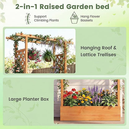 Giantex Wooden Raised Garden Bed with Trellis & Hanging Roof, Fir Wood Planter Box, 89” Freestanding Elevated Garden Bed for Outdoor Climbing Plants Vegetables Flowers, Patio & Balcony, Orange