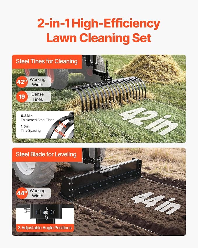 VEVOR 42 in Tow Behind Landscape Rake, 3-Point Lawn Rock Rake with Blade & Lift Lever, Fit Category 1 ATVs UTVs Lawn Tractors, Heavy Duty Dethatcher Rake for Debris Leaves Thatch