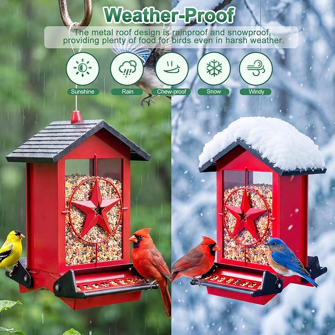 Squirrel Proof Bird Feeders for Outdoors with Weight-Activated, Metal 5LB Large Wild Bird Feeders for Cardinals,Blue Jay,Finch, Weatherproof Durable Hanging Bird Feeder for Backyard,Garden (Red)