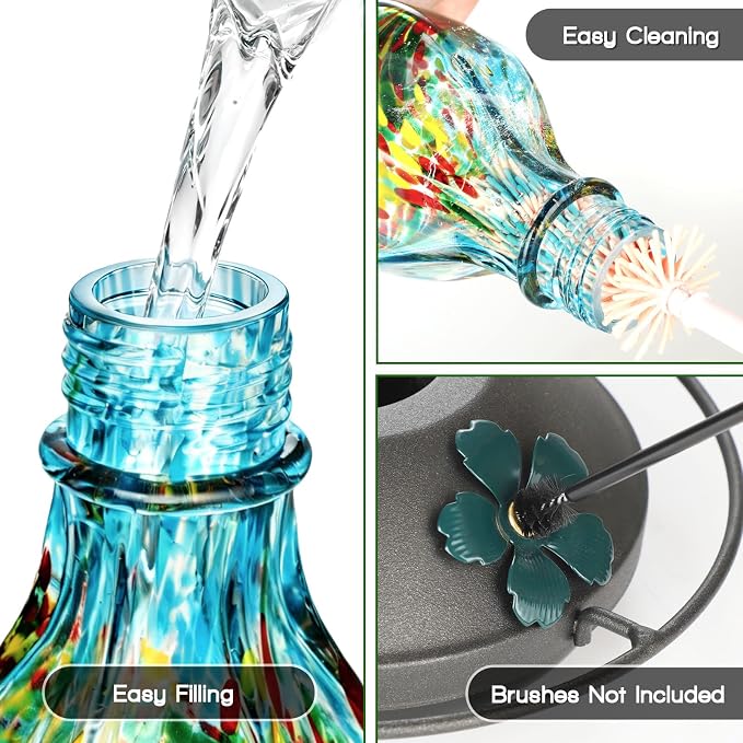 Hand Blown Glass Hummingbird Feeders for Outdoors Hanging, 24oz Wild Bird Nectar Feeder with Ant Moat and Perch, Bee-Resistant Ports, Garden Decor, Gifts for Women Mom, 1 Pack, Blue Phoenix