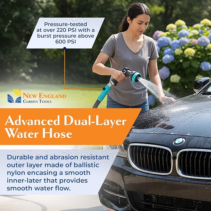 Lightweight Garden Hose 700008 (25 ft x ⅝ in), Portable Hose for Car Washing & Home Cleaning, Kink-Free, Built with Ballistic Nylon with Aluminum Couplings & Swivel Grips, by New England Garden Tools