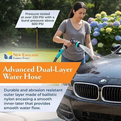 Lightweight Garden Hose 700008 (25 ft x ⅝ in), Portable Hose for Car Washing & Home Cleaning, Kink-Free, Built with Ballistic Nylon with Aluminum Couplings & Swivel Grips, by New England Garden Tools