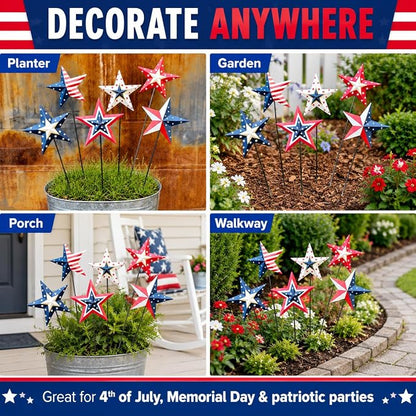 4th of July Decorations Outdoor 19" Metal Barn Star 6-Pack, Patriotic Outdoor Decorations, Rustic Iron Decorative Garden Stakes with American Flag Stars for Yard Patio Lawn