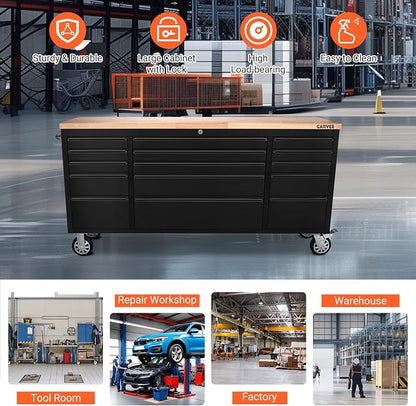 Garvee 72-Inch Heavy-Duty Rolling Tool Chest & Mobile Workbench with 15 Drawers, Rubber Wood Tabletop, Key Locking System, Drawer Liners and Wheels, Steel Storage Cabinet for Garage, Workshop