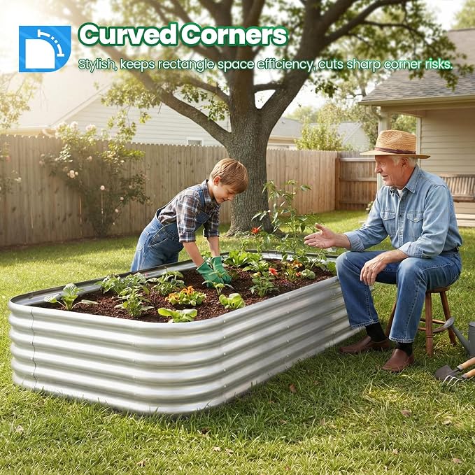Quictent Raised Garden Bed Kit Oval Galvanized Metal Planter Box Tall for Vegetables Outdoor Backyard, Strengthened by Crossbar, Silver 8x4x1.5 ft