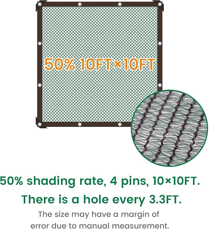 Shade Cloth, 10FT X 10FT 50% Green Outdoor Woven Sun Shade with Grommets, Durable Breathable Netting Shading Antifreezing for Patio, Garden, DIY Home, Plants Cover, Greenhouse, Dog Kennel