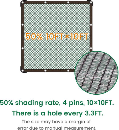 Shade Cloth, 10FT X 10FT 50% Green Outdoor Woven Sun Shade with Grommets, Durable Breathable Netting Shading Antifreezing for Patio, Garden, DIY Home, Plants Cover, Greenhouse, Dog Kennel