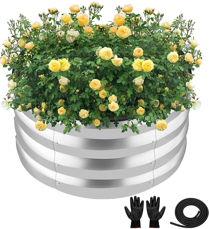ZXZYHFTY Raised Garden Bed, 0.6 mm Galvanized Steel Round Planter Box with Open Bottom, Metal Raised Garden Bed for Vegetables Flowers Herbs Mailbox Planter Accent, 2 x 2 x 1 FT, 1 Pack Silver