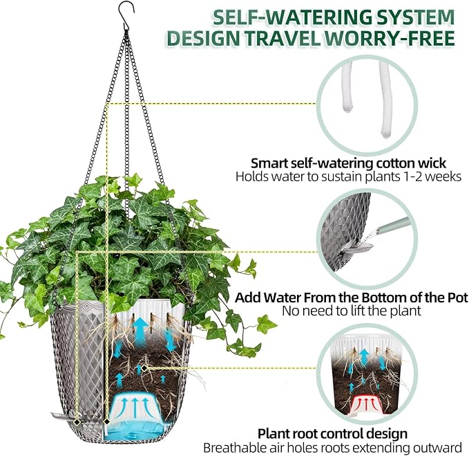 QCQHDU 5.7 Inch 2 Pack Small Hanging Planters for Indoor Outdoor Plants,Self Watering Flower Pots Hanging Basket Plant Hanger with Drainage Holes and 3 Hooks for Window Porch Garden Balcony, (Grey)