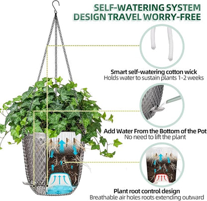 QCQHDU 7.2 Inch 2 Pack Hanging Planters for Indoor Outdoor Plants,Self Watering Flower Pots Hanging Basket,Plastic Plant Hanger with Drainage Holes and 3 Hooks for Window Porch Garden Balcony, (Grey)