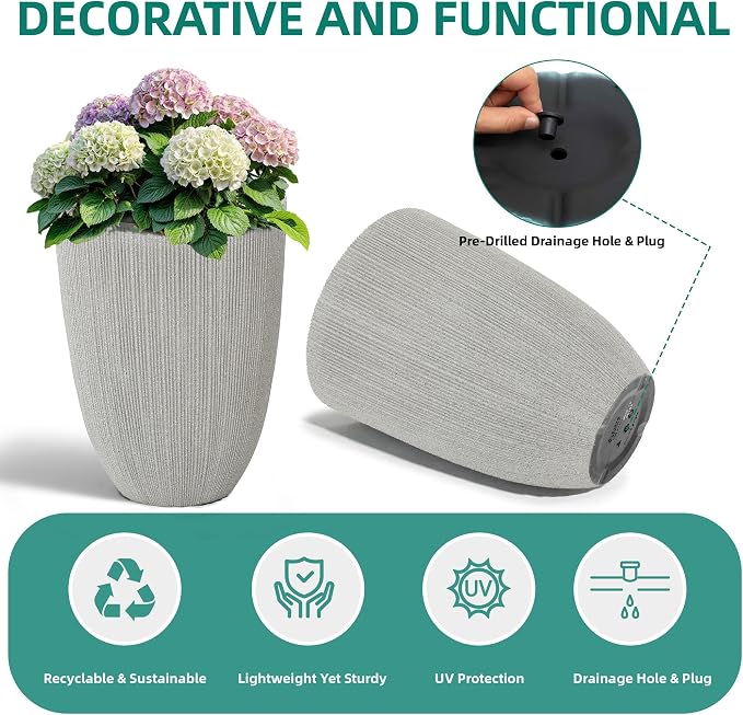 19" Mediterranean Beige Resin Tall Planters with Fluted Texture | Set of 2 resin tall planters with beige fluted texture, drainage plugs, and UV-resistant finish for porch, patio, or indoors
