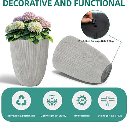 19" Mediterranean Beige Resin Tall Planters with Fluted Texture | Set of 2 resin tall planters with beige fluted texture, drainage plugs, and UV-resistant finish for porch, patio, or indoors