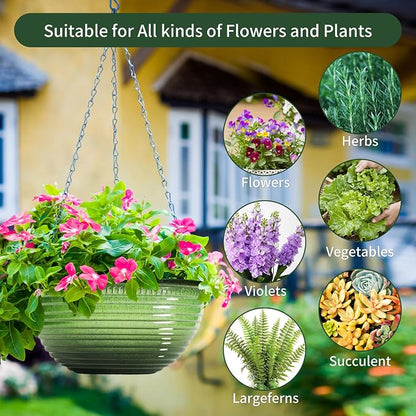 Vanslogreen 12 inch Hanging Planters for Indoor Outdoor Plants, 2 Pack Large Hanging Flower Pots with Drainage Holes and Chain, Glazed Hanging Baskets for Home Garden Decoration, Green