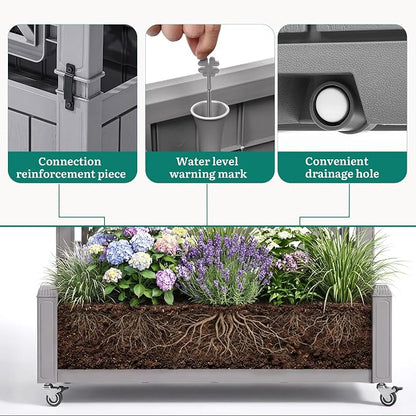 YITAHOME 43.3x17.7x61 in Planter Boxes Outdoor with Trellis, Resin Raised Garden Bed with Wheels & Drain Plug for Climbing Plants, Weather-Resistant Design Elevated Garden Bed with Trellis, Brown