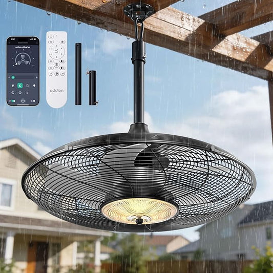 addlon Outdoor Ceiling Fan with Light for Patios, 20 inch Black Waterproof Gazebo Fan with Remote&APP Control, Reversible, Dimmable, Plug in Hook Mount Portable Fan for Garage Pergola Porch Canopy
