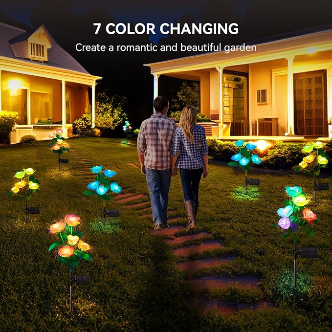 WdtPro Solar Garden Lights Outdoor, 4 Pack Solar Light Outdoor with 20 Rose Flowers, Waterproof 7 Color Changing Solar Powered Flowers Lights for Outside Patio Yard Pathway