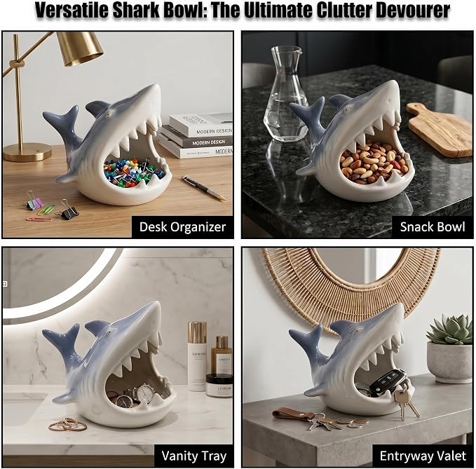 Ceramic Shark Aquarium Decorations - Large Fish Tank Cave & Betta Hideout, Bio-Filter Shark Candy Bowl, Key Holder for Entryway Table, pH-Neutral Marine Fish Tank Accessories Ornament