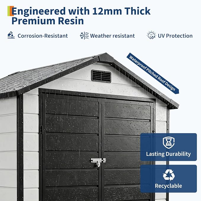 6x4 ft Outdoor Resin Storage Shed with Floor, Lockable Door & Window, Sloping Roof, Plastic Outdoor Sheds with Floor Garden Shed for Backyard Patio Lawn Mower Bike Tool Storage