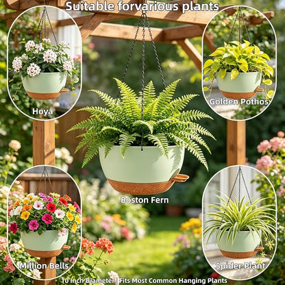 2 Pack 10 Inch Self Watering Hanging Planters for Indoor Plants, Large Green Brown Plastic Hanging Pots with Chains for Outdoor Patio Garden Home Decor (Green Brown)