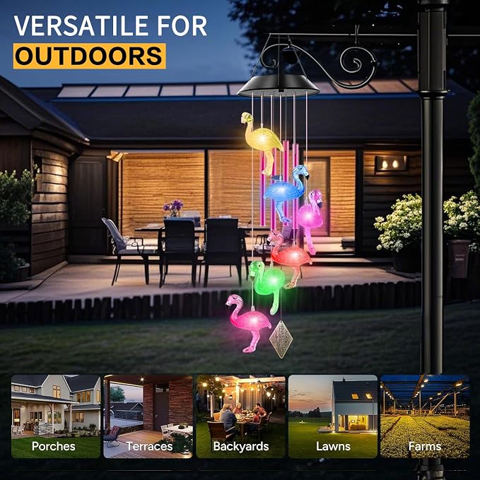 Solar Flamingo Wind Chimes for Outside with 4 Music Aluminum Tubes | Best Gifts for Mom Grandma Women Wife Aunt Sister, Solar Lights Outdoor Wind Chimes, Garden Yard Decor
