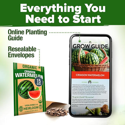 HOME GROWN Organic Crimson Sweet Watermelon Seeds 15+ Heirloom Non-GMO, High Germination, Honey Sweet Summer Fruit, Striped Skin, Home Garden & Raised Beds, High Sugar Content (Citrullus lanatus)